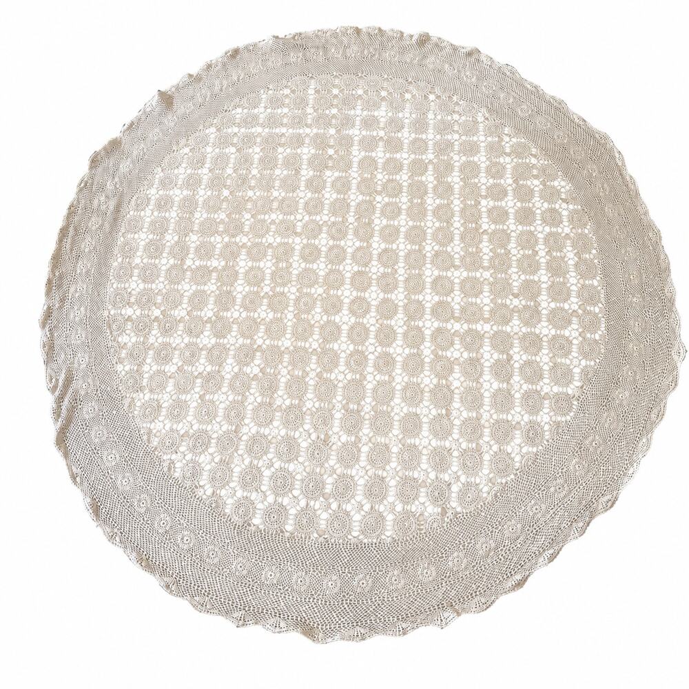Crocheted Open Work Medallion Oval Round Tablecloth Ivory 60x66" Cottage Core